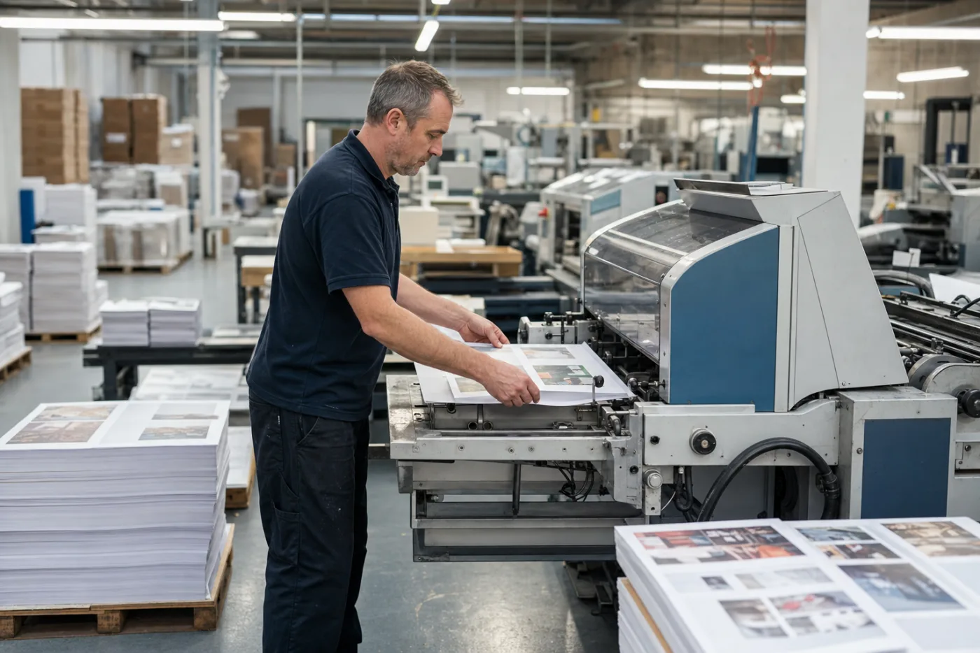 A bindery worker feeding sheets into a finishing line